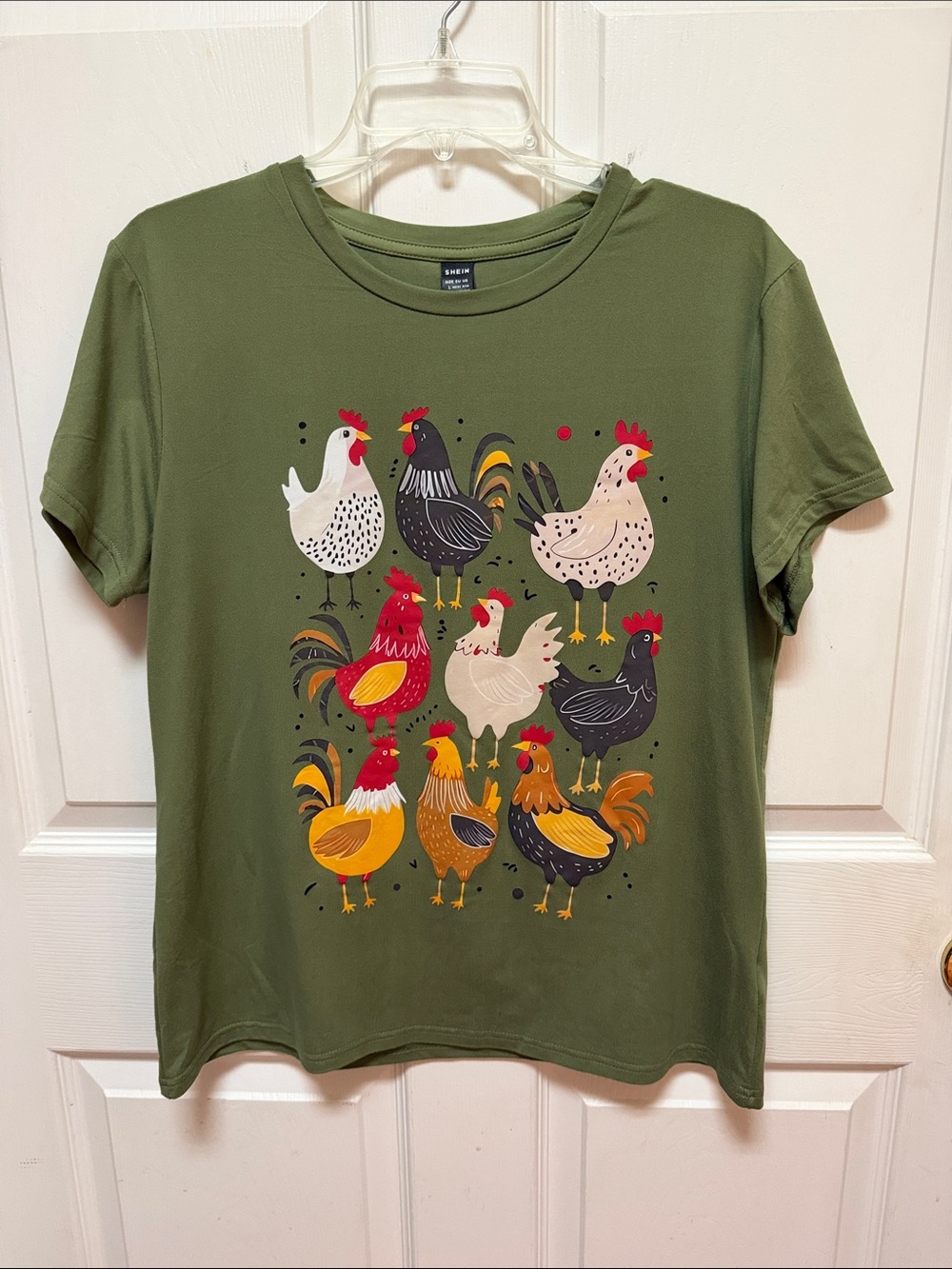 SHEIN Olive Green Crew Neck Tee with Chickens Graphic, Size L